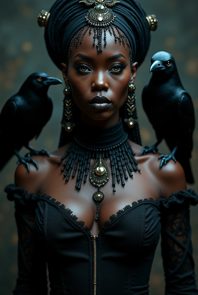 a beautiful ultra-sexy african witch, voodoo, ravens, golden eyes, full body view, detailed beautiful face, detailed beautiful lips, extremely detailed eyes, long eyelashes, intricate ornaments, dark clothing, dark background, moody lighting, cinematic composition, dark fantasy, dark magic, occult, mystical, ethereal