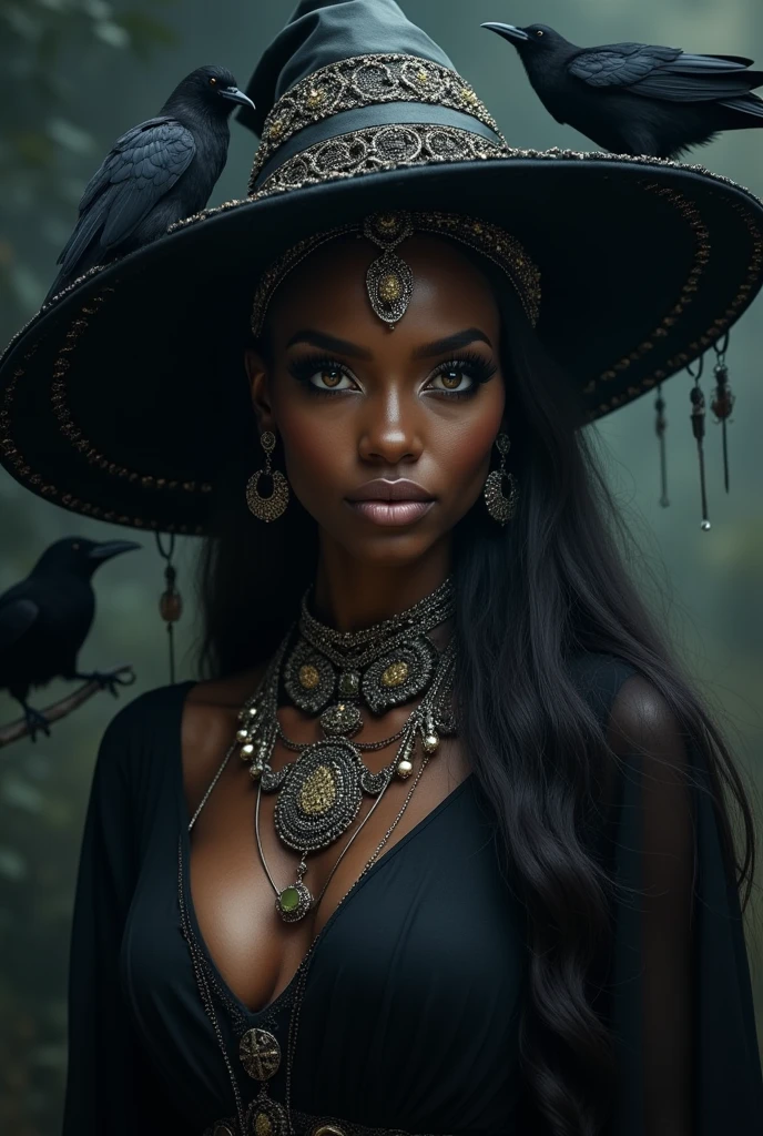 a beautiful ultra-sexy african witch, voodoo, ravens, golden eyes, full body view, detailed beautiful face, detailed beautiful lips, extremely detailed eyes, long eyelashes, intricate ornaments, dark clothing, dark background, moody lighting, cinematic composition, dark fantasy, dark magic, occult, mystical, ethereal