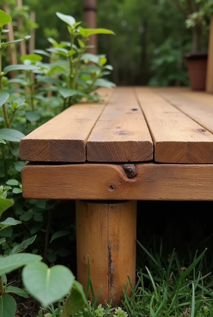 Create an image of a wooden deck with wooden pillars that are integrated into the base of the deck. The deck should have a natural, rustic appearance, with the pillars firmly anchored into the wooden base. The setting should be outdoors, possibly surrounded by a lush garden or forest, highlighting the natural and earthy feel of the wood. Ensure the wood grain is visible, and the pillars should blend seamlessly with the deck’s structure