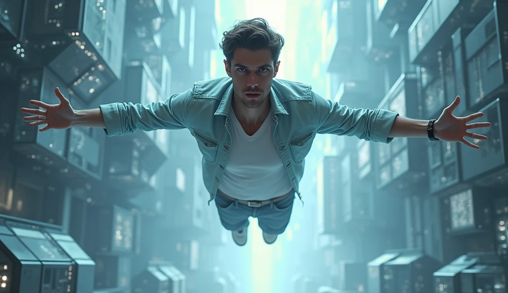 oto of a human male dressed, head on, floating in an almost horizontal orientation towards the camera as if flying between digital entities