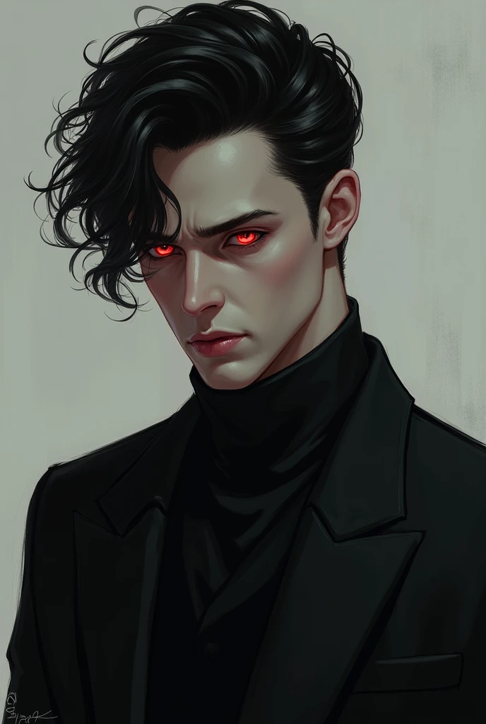 Make a male character with a red left eye and a black pupil, dressed in a black suit