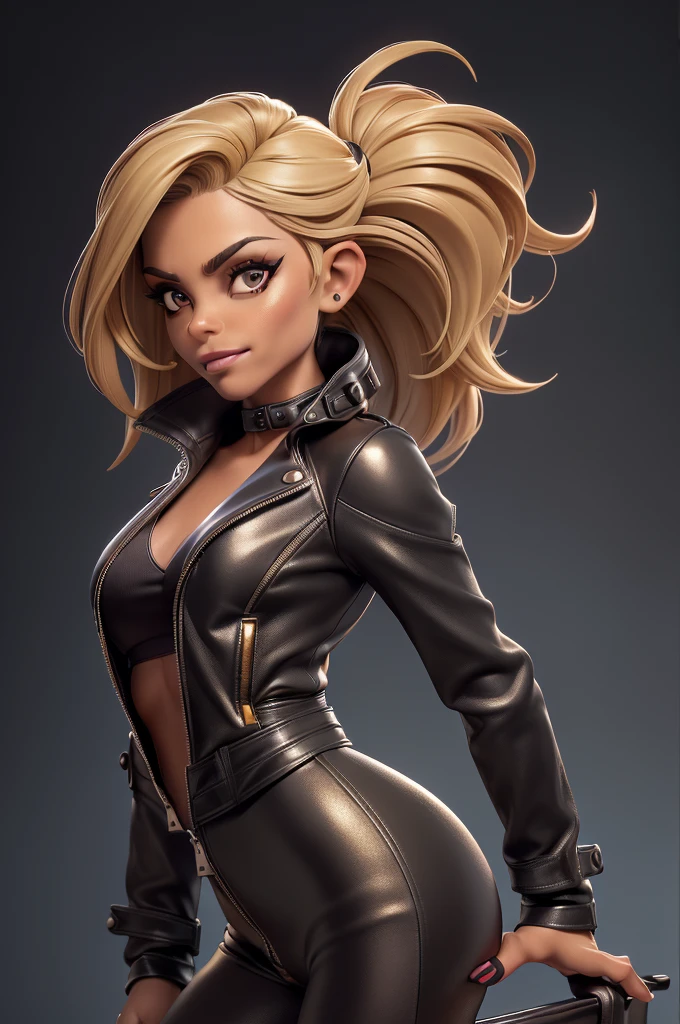 obra prima, melhor qualidade, ((only one woman,)) ((jillian michaels, 55 years, dark tan skin, blonde bob hair, heavy vamp makeup eye shadow,)) (((wearing thigh length black metallic leather jacket,))) (((jacket is zipped up, jacket covers waist and ass,))) ((jacket has stiff high collar,)) ((gold pvc gloves,)) body is very skinny, on motorbike, (((arms folded, arched back, shoulders leaning way back, hips twisting, head tilted way back, chin up,))) ((camera side view, extreme closeup view of upper body,)) shallow depth of field, highres, HD, 8k, anatomically correct
