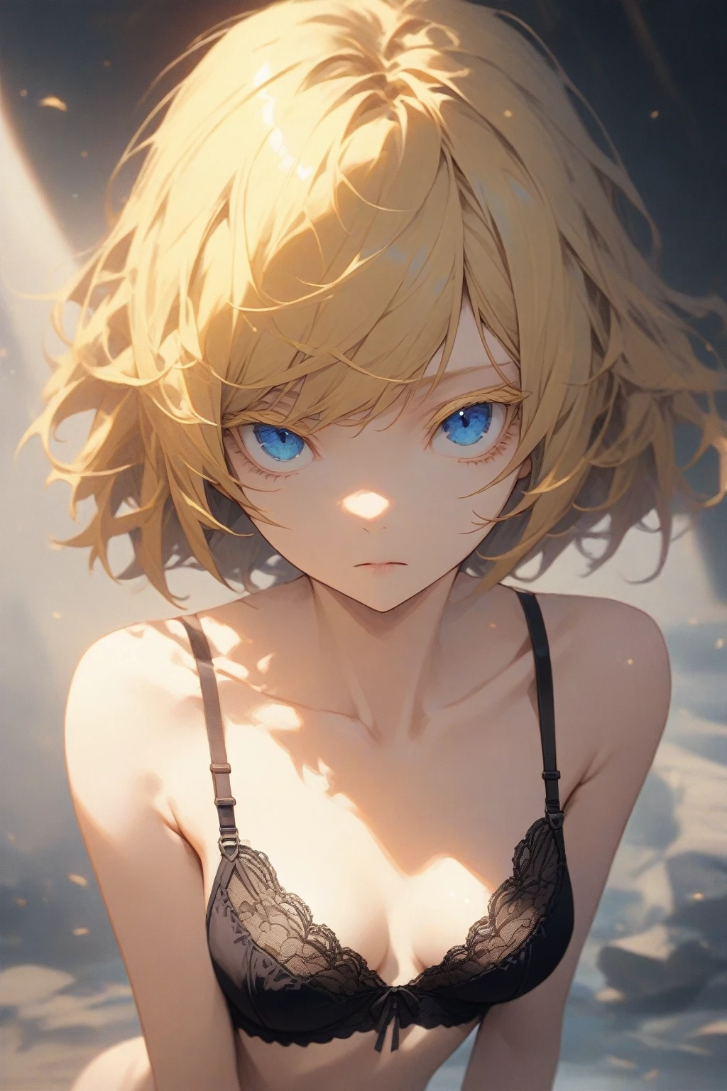 masterpiece, best quality, very aesthetic, absurdres,1girl,underwear only,(hyper detailed eyes),blonde hair,short hair,[disheveled hair],colored eyelashes,blonde eyelashes,blue eyes,(sharp eyes),(slanted eyes),choppy bangs,medium breasts,clear face,expressionless,lace-trimmed_bra,lace-trimmed_panty,slut,brothel,