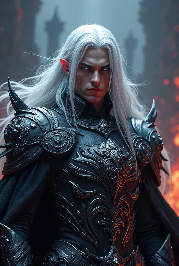 Create a handsome and intimidating prince of hell wearing armor, have long white hair and lilac eyes