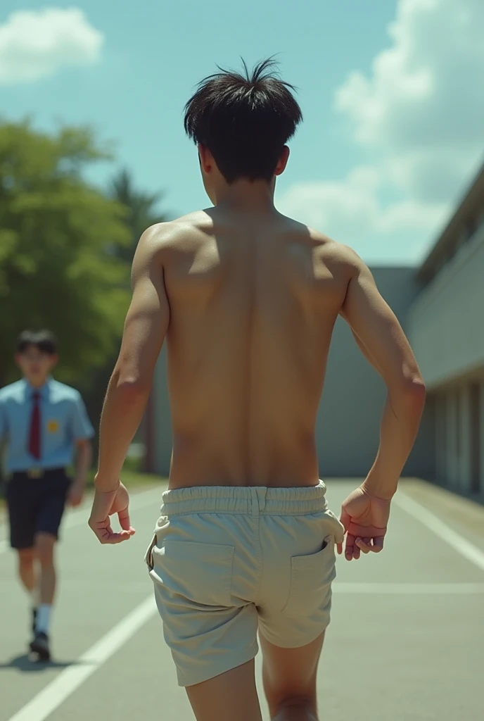 1boy、Cute handsome man、Japanese male, 、handsome man、Mash Hair、Completely naked、Full nudity、erection、Huge penis、Highest quality、Realistic、beautiful、Sad look、Real photo style、Back view of a person running through the schoolyard、A student in uniform with a smartphone follows behind.