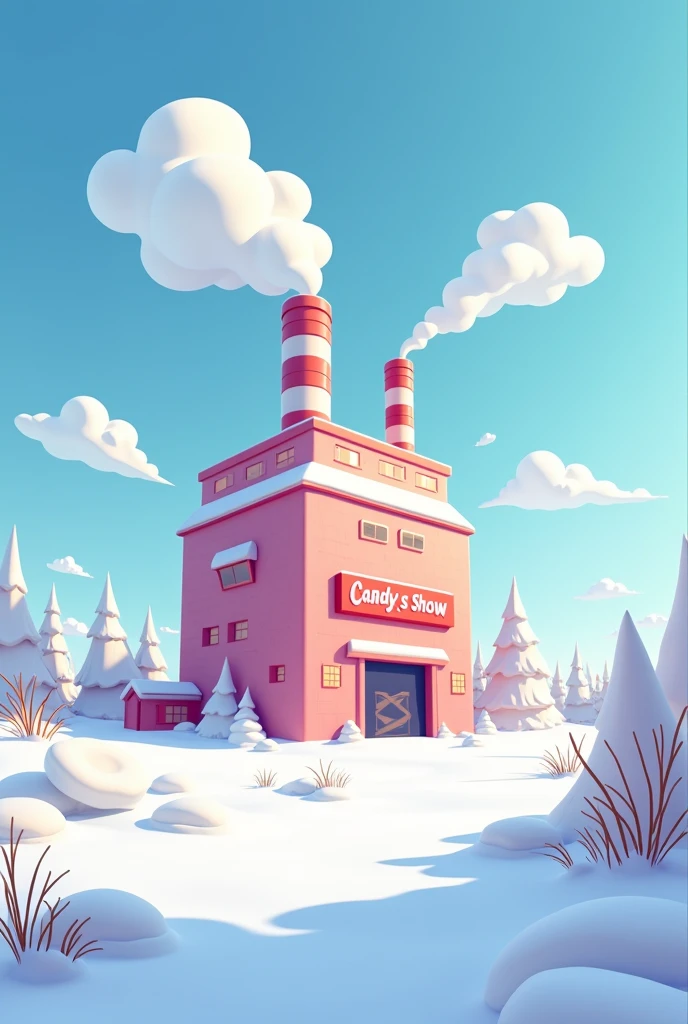 a giant square generic modern candy factory called "Candy's Show" on a snowy terrain outside cartoon style.