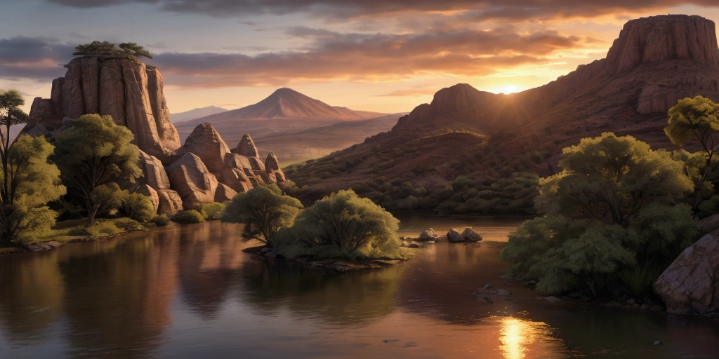 Breathtaking view of the African wilderness, beautiful sunrise over a tranquil lake, a very small African hut on one side of the scene, dramatic cinematic lighting, majestic rock formations, no animals or evil, breathtaking view, high detail, (best quality, 4k, 8k, high resolution, masterpiece: 1.2), high detail, (realistic, realistic, photorealistic: 1.37), dramatic lighting, cinematic composition Pixar style close to animation, land area larger than the lake Trees and rocks Attention to precise theatrical perspective according to the studies of theatrical perspective Academy of Arts Dr. Louise Malika, high quality on the scale of theatrical design Clear details Greek character dominates the scene, D&D game. Animation style African tribe Asar
