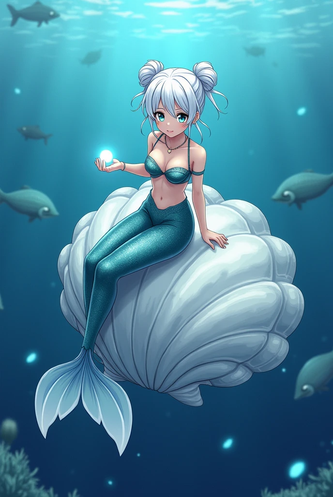 A mermaid in white hair with a bun, sitting on a big clam, and that it be in blue tones, anime version drawn with strokes, with separate tail and bra, with a white pearl in her hand