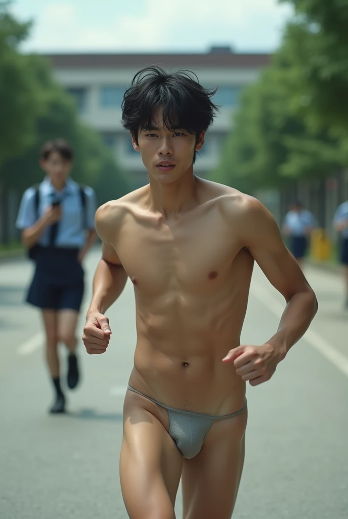 1boy、Cute handsome man、Japanese male, 、handsome man、Mash Hair、Completely naked、Full nudity、erection、Huge penis、Highest quality、Realistic、beautiful、Sad look、Real photo style、Back view of a person running through the schoolyard、A student in uniform with a smartphone follows behind.