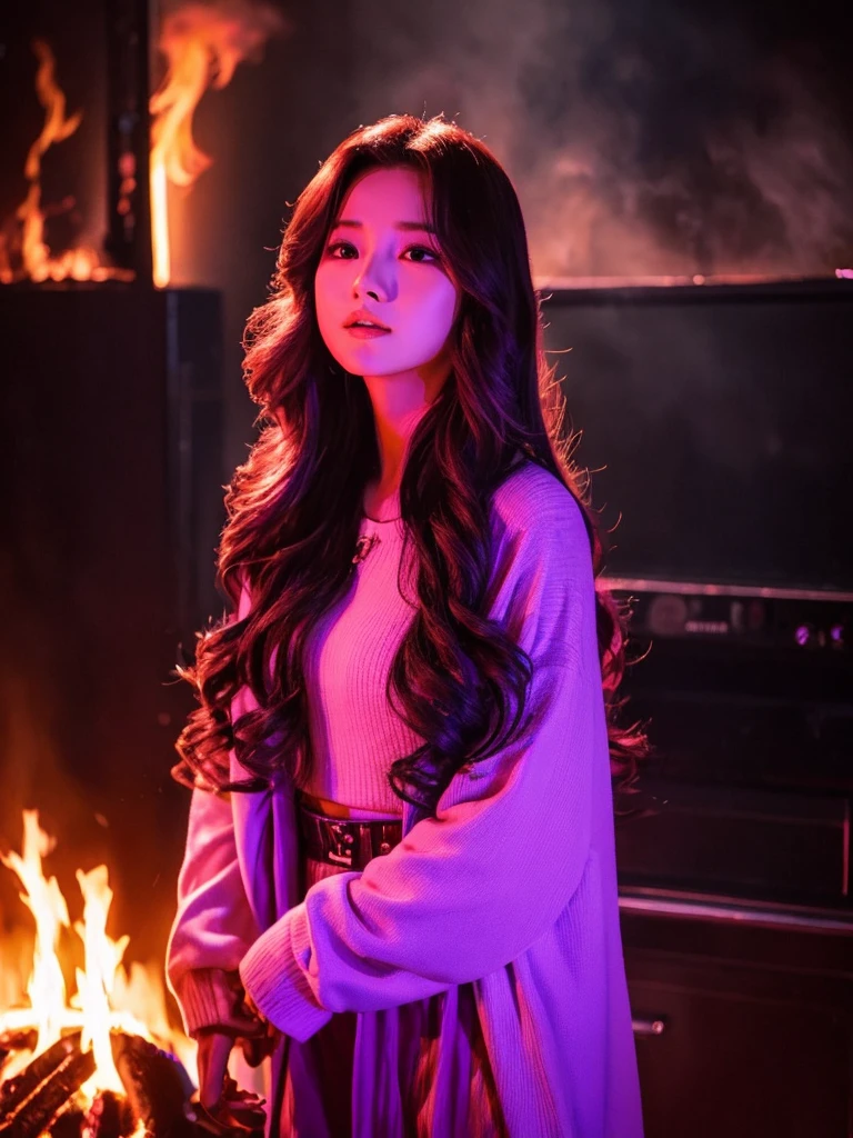 K-pop idol Rora is standing in front of flames. She has wavy long browm hair and purple outfit