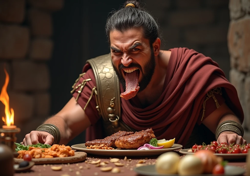 Roman soldier eating a piece of meat in front of a table with a variety of food and making a face, showing teeth