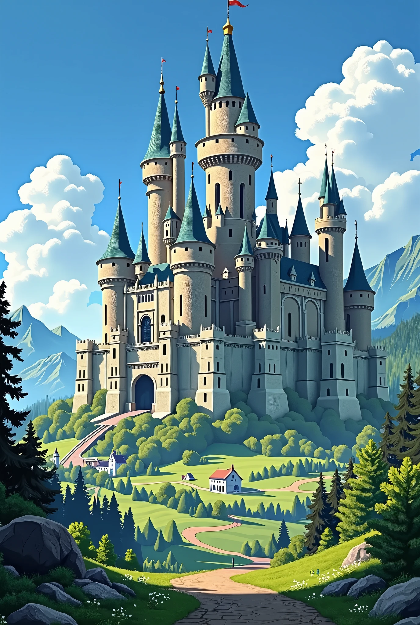 "Create an image of a majestic medieval kingdom on a sunny day. The focus should be on a large castle with tall, imposing towers, surrounded by lush green landscape and gentle hills. Add some fluffy clouds to the blue sky for a touch of realism."
image horizontally