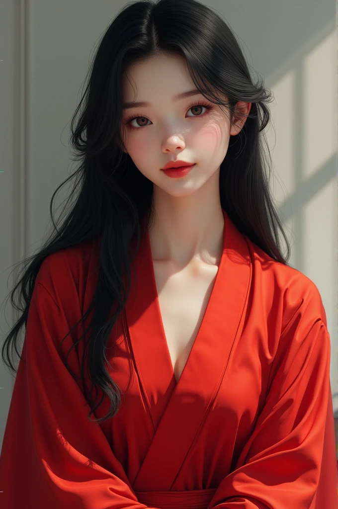 1girl, long black hair, wearing a red robe, smiling faintly, realistic details, realistic shadows, white skin