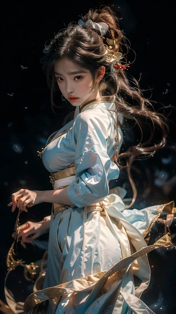 shining star,A beautiful oriental girl,Single ponytail,Dragon Horn,Big breasts,thin waist,white skin,Perfect proportion,Wearing a dance dress,8k,The focus of the audience,Lighting effects,Super details,