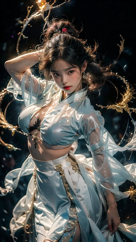 shining star,A beautiful oriental girl,Single ponytail,Dragon Horn,Big breasts,thin waist,white skin,Perfect proportion,Wearing a dance dress,8k,The focus of the audience,Lighting effects,Super details,