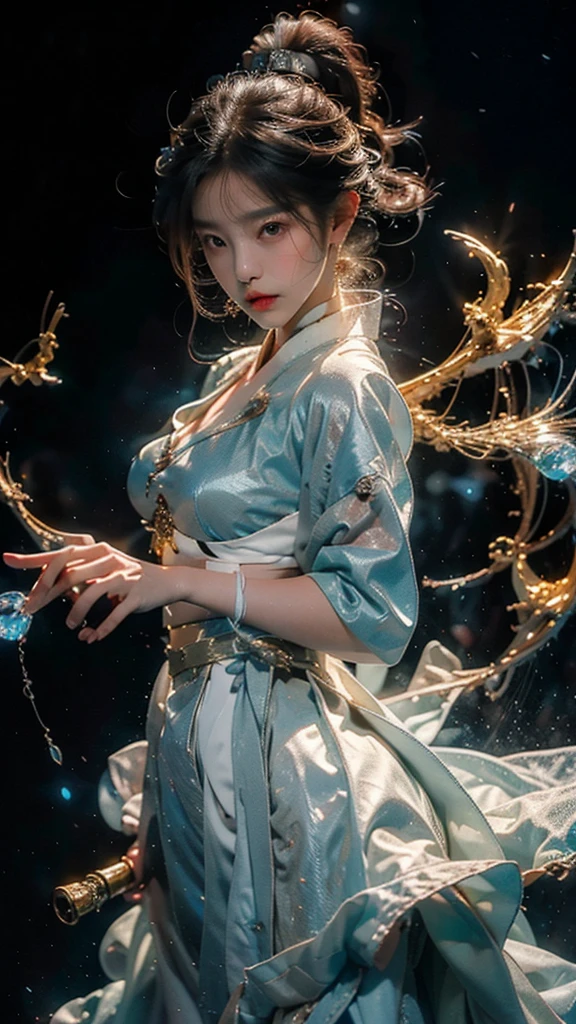 shining star,A beautiful oriental girl,Single ponytail,Dragon Horn,Big breasts,thin waist,white skin,Perfect proportion,Wearing a dance dress,8k,The focus of the audience,Lighting effects,Super details,