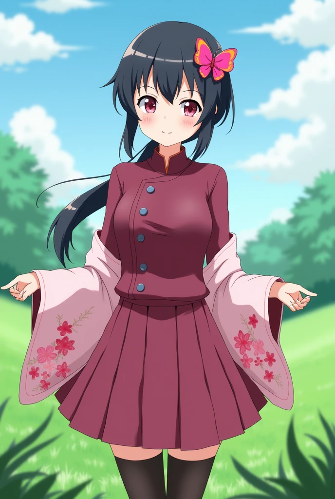 Anime style teenage girl, pink eyes, White skin and has long, dark black hair tied back in a low ponytail and has a large red and pink butterfly-shaped brooch on her head., Her outfit is from the Kimetsu no Yaida universe., that is to say, a very dark pink long-sleeved shirt with a line of grey buttons and a dark pink skirt, She also wears a pink haori with a pink and red flower print., and wears long black stockings. She smiles happily and the background is a meadow