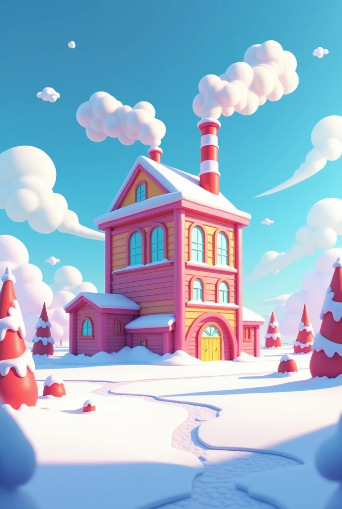 a giant square generic modern candy factory called "Candy's Show" on a snowy terrain outside cartoon style.