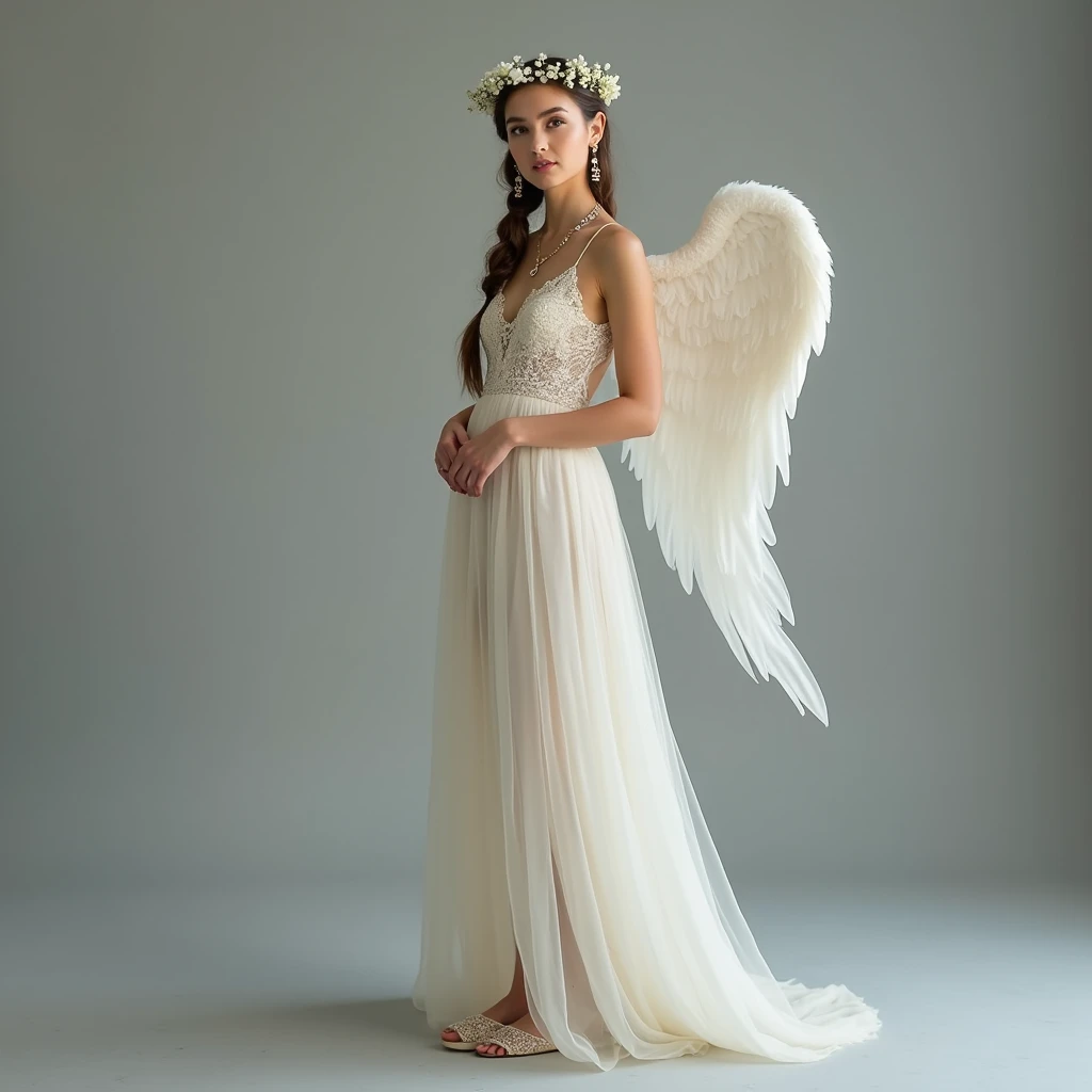 A full-body image of a European woman with an angelic essence face, standing poised looking at the camera against a gray background. She wears an ivory organza gown with a soft, flowing skirt and delicate lace detailing on the bodice. The gown’s translucent fabric creates a sense of airiness and sophistication. Her hair is styled in a halo braid adorned with small white flowers, forming a crown-like effect that radiates divine majesty. She wears gossamer slippers with lace embellishments. Her jewelry includes ethereal symbol earrings and a gemstone necklace, adding a mystical and otherworldly allure to her angelic attire.