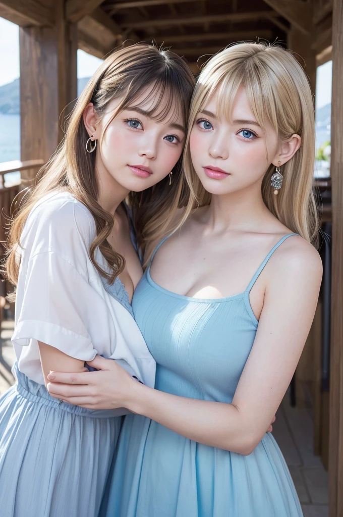 ((Highest quality)), ((masterpiece)), (High-definition photos), (1 dilf, ung girl:1.4),  (drill hair), (spiral curl), (long blonde), (bangs),  (Beautiful young girl and her father:1.3), gal, long, Light eyeshadow, (earrings), during, (pointy breasts:1.3), covered nipples, white dress, (snowy white skin), (Blushed:1.3), upper body, ((Embarrassing)), Half-open mouth, Shiny skin、elbow groves, wetty lips, Thin eyebrows、(Blue eyes:1.1),  (old man is holding girl from behind), Warm sunlight, A girl stands with the view of Amalfi
