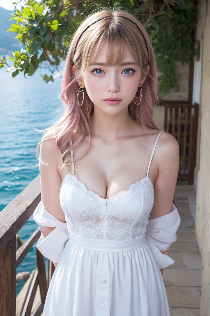 ((Highest quality)), ((masterpiece)), (High-definition photos), (1 dilf, ung girl:1.4), (drill hair), (spiral curl), (long blonde), (bangs), (Beautiful young girl and her father:1.3), gal, long, Light eyeshadow, (earrings), during, (pointy breasts:1.3), covered nipples, white dress, (snowy white skin), (Blushed:1.3), upper body, ((Embarrassing)), Half-open mouth, Shiny skin、elbow groves, wetty lips, Thin eyebrows、(Blue eyes:1.1), (old man is holding girl from behind), Warm sunlight, A girl stands with the view of Amalfi