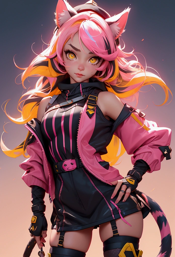 envision a 8k, highres, cinematic, beautiful close up portrait of a girl named Raora Panthera with animal ears, tail, yellow eyes, pink streaked hair, multicolored hair, goggles, hat, open jacket, off shoulder, partially fingerless gloves, ring, thigh straps, thighhighs, against a dark background