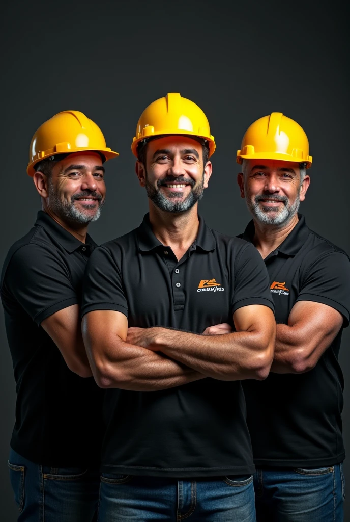 3 light brown man, with yellow helmet, blue jeans, black polo shirt with logo written Rs construções., grey hair, black hair, grey hair, Halation, light smile, clair obscur, clair obscur, uhd, uhd