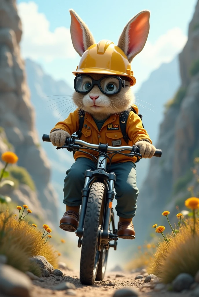 A rabbit dressed as an engineer riding a mountain bike