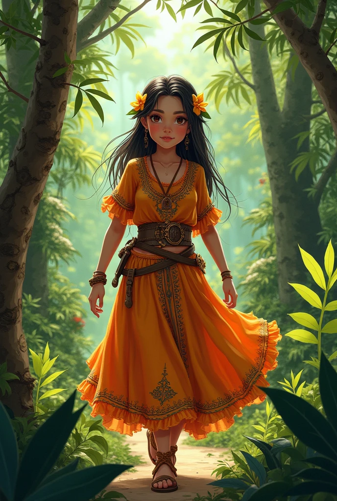Create an image of a girl's clothing in the Peruvian jungle using the aguaje tree as a reference