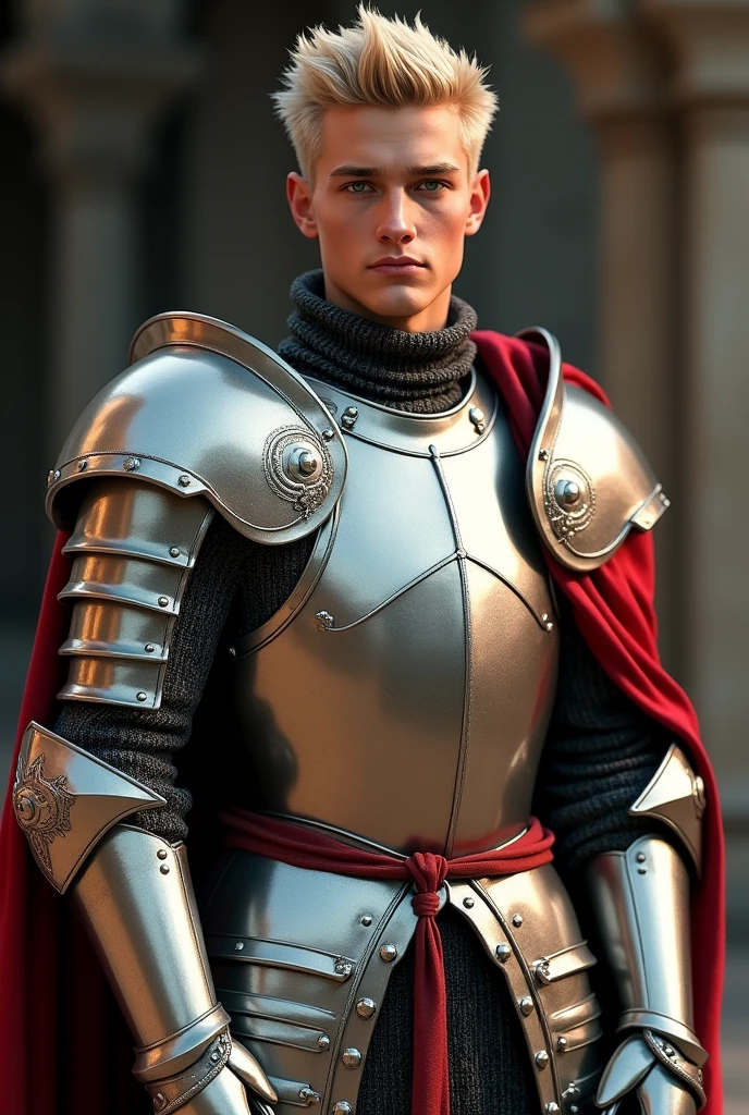 A 20 year old man, 1 chico, short blond hair, short hair with middle parting, bright green eyes, Without beard, without knob, without facial veil, Silver and red medieval knight armor, black clothes, Very detailed, A high resolution, sharp focus, ultra detailed, noble, Corajudo, strong, perfect hands, looking at the viewer