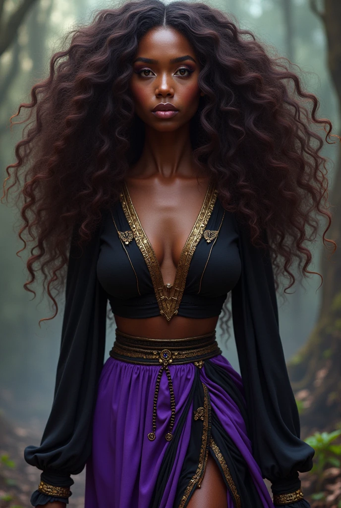 Pombagira Maria Mulambo, a dark woman, long curly brown hair, more curly, with a purple skirt with black, but the purple goes down and the black goes up, a black blouse with very long sleeves, on the sleeves with some golden edges , that the hair is fall but with many curls
