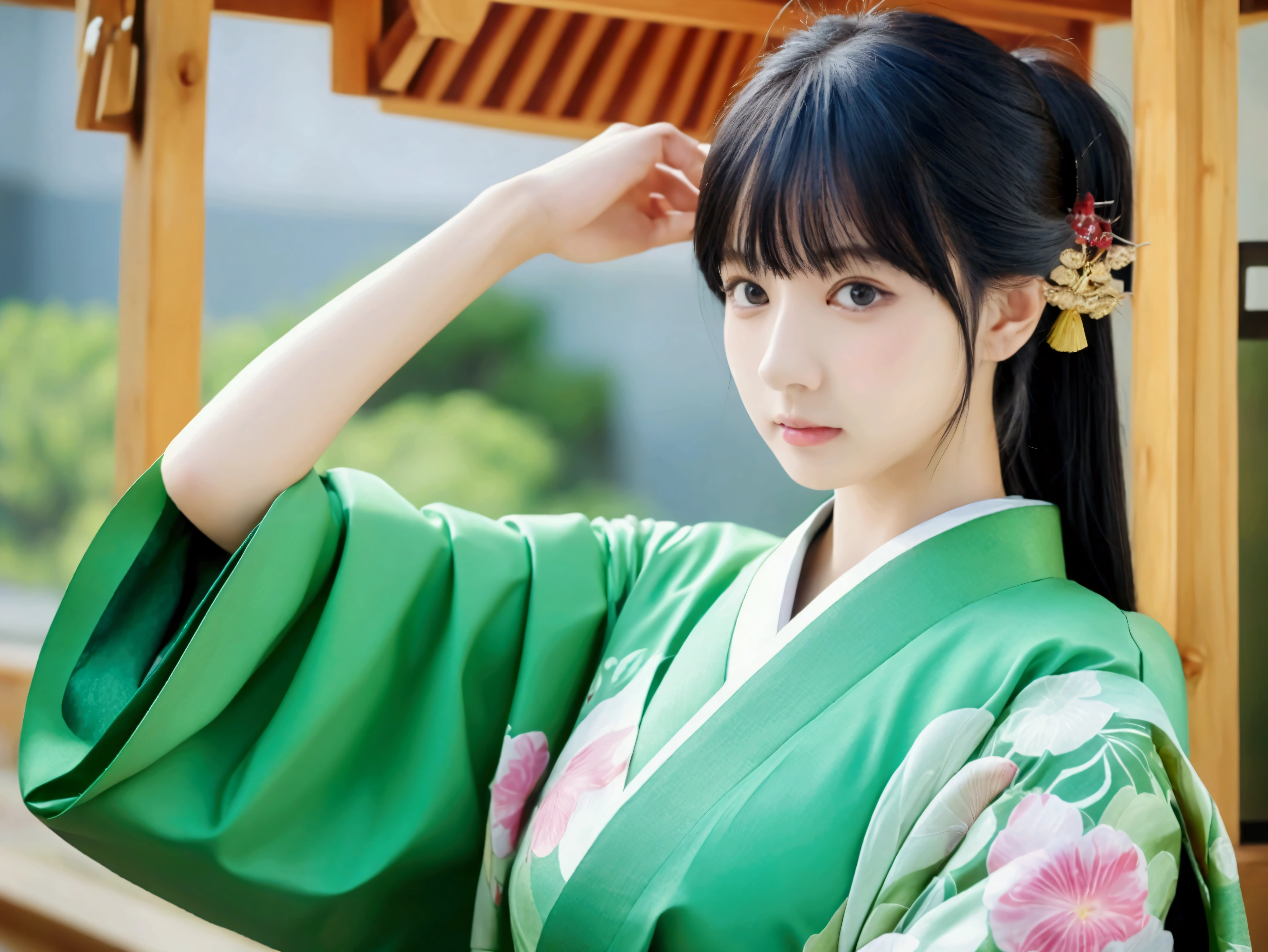 green base, Cute angry face, Pun Pun, 最high quality、high quality、Best image quality、8k、最High resolution、High resolution、temple, Realistic photos, Healthy body, Beautiful Eyes, Flowing black hair, Colorful kimono, Calm expression, Soft lighting, Traditional Japanese art style, Vibrant colors, Peaceful atmosphere, Delicate features, Graceful posture, Beautiful Landscape
