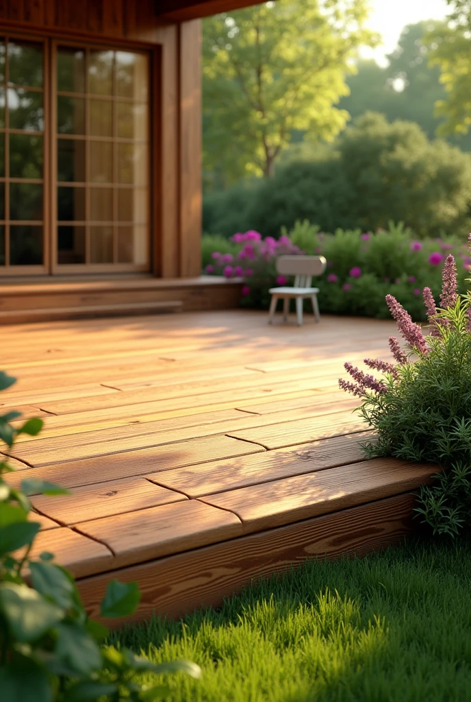 Create a detailed image of an outdoor wooden deck. The deck should have a rich, natural wood texture with visible grain patterns. It is surrounded by a peaceful garden, with greenery such as plants, shrubs, and perhaps a few flowers. The setting is in daylight, with warm, natural lighting that highlights the texture of the wood. The deck could be slightly elevated, with steps leading down to a grassy area, and could include simple outdoor furniture like a chair or a small table to suggest a relaxing space