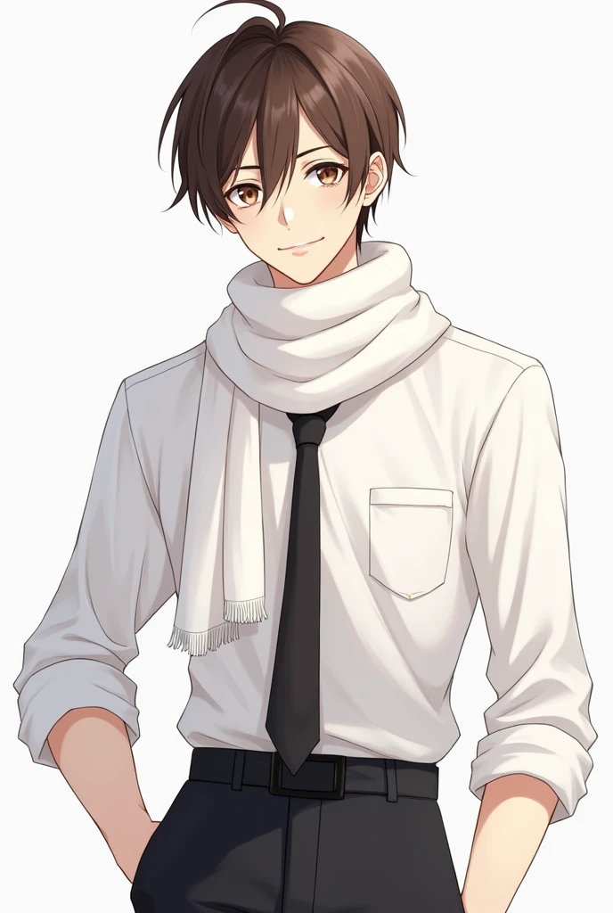 Make a picture of a person with brown hair wearing white clothes with a black tie and a black blouse over it with a white scarf handsome anime adult who is straight and male who is a teenager