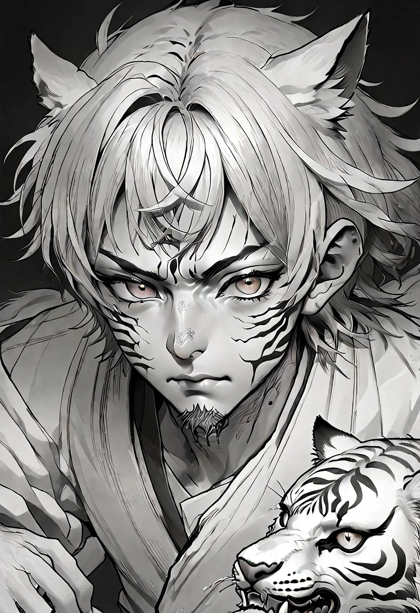 a powerful tiger man, extremely detailed face, beautiful detailed eyes, intense anime style, martial power, portrait, complex structure, sinister environment, dark, detailed eyes, scars, wounds, cinematic lighting, dramatic shadows, chiaroscuro, hyper realistic, 8k, high quality, masterpiece