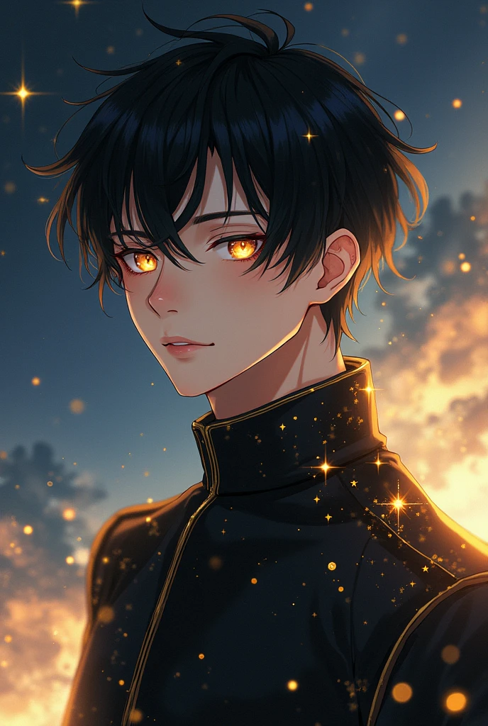 anime boy with black hair, white skin, jacket black with gold little stars like the space, golden eyes