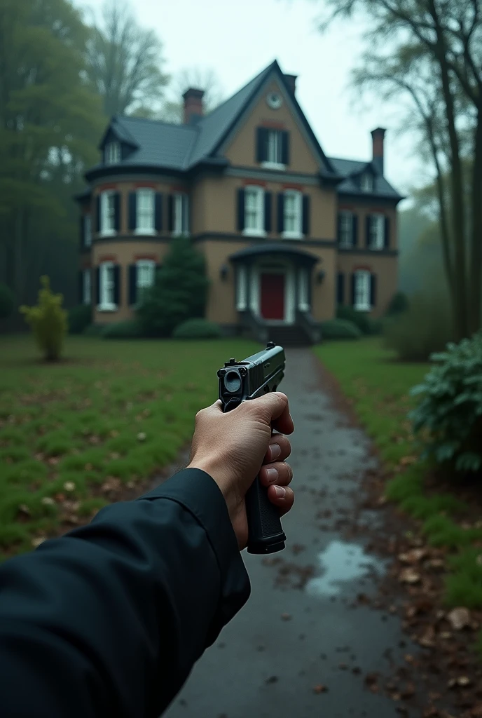 outside an abandoned mansion, FIRST PERSON PERSPECTIVE only one arm visible with a pistol, Garden, as you walk you find a fruit banquet on a table, 4:40 pm weather