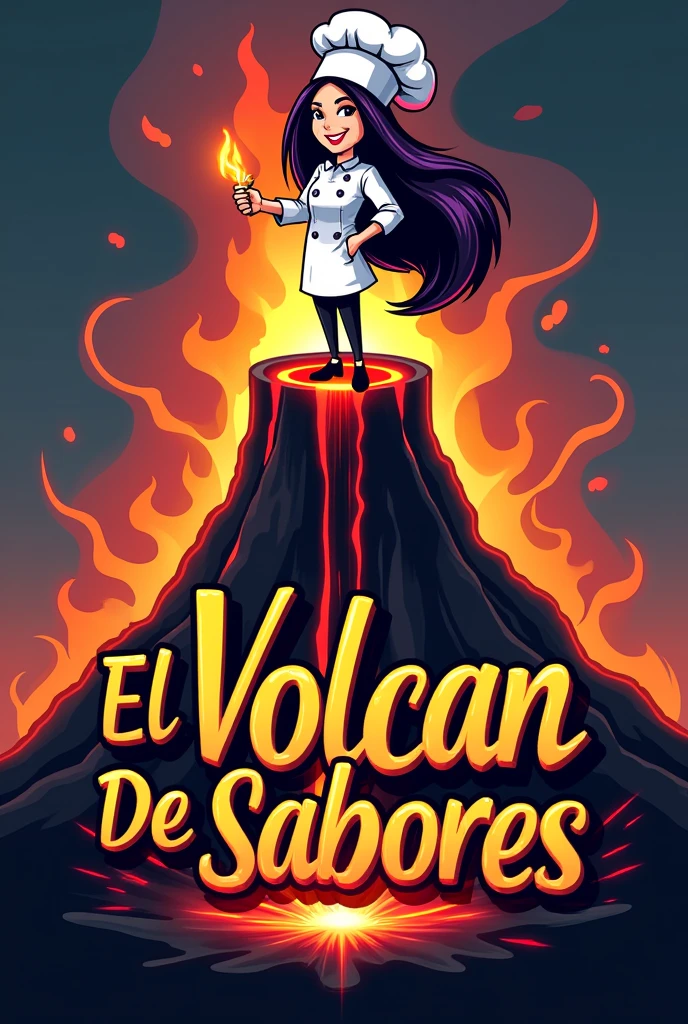 Could you please create a logo for a fast food restaurant like homemade hamburgers with a white female chef with black hair and purple streaks, a volcano with a grill and the name El Volcán de Sabores written on it?