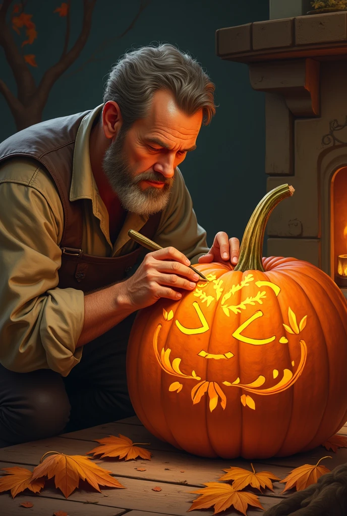 A man craving out a pumpkin