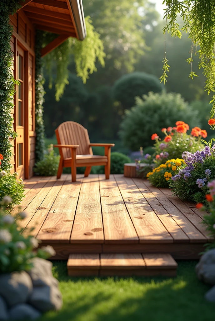 Create a detailed image of an outdoor wooden deck. The deck should have a rich, natural wood texture with visible grain patterns. It is surrounded by a peaceful garden, with greenery such as plants, shrubs, and perhaps a few flowers. The setting is in daylight, with warm, natural lighting that highlights the texture of the wood. The deck could be slightly elevated, with steps leading down to a grassy area, and could include simple outdoor furniture like a chair or a small table to suggest a relaxing space
