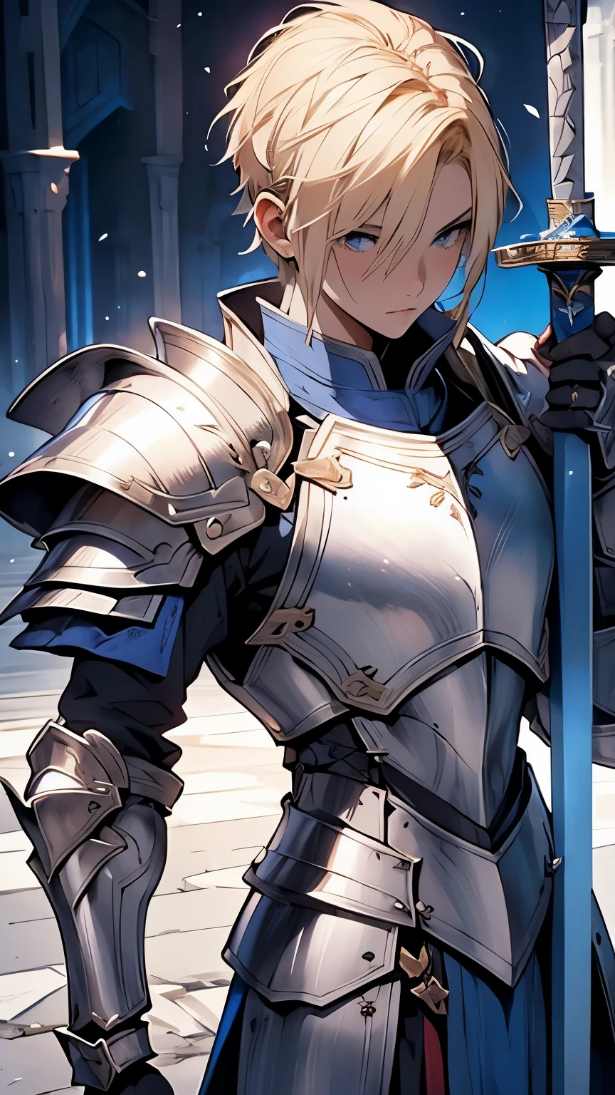 (Blonde short hair、Male knight、prince)、(Blue armor、White decoration)、(Holding the Holy Sword)