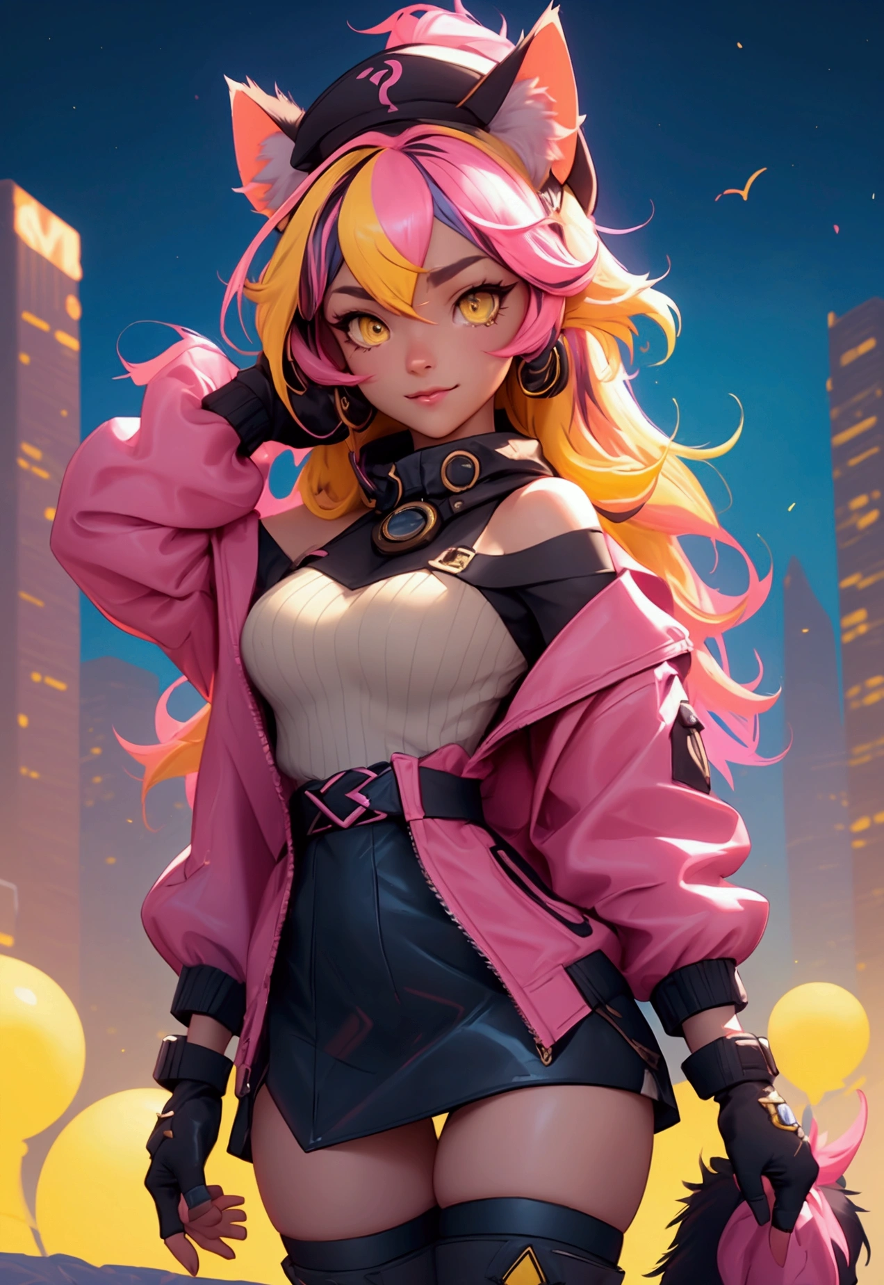 envision a 8k, highres, cinematic, beautiful close up portrait of a girl named Raora Panthera with animal ears, tail, yellow eyes, pink streaked hair, multicolored hair, goggles, hat, open jacket, off shoulder, partially fingerless gloves, ring, thigh straps, thighhighs, against a dark background