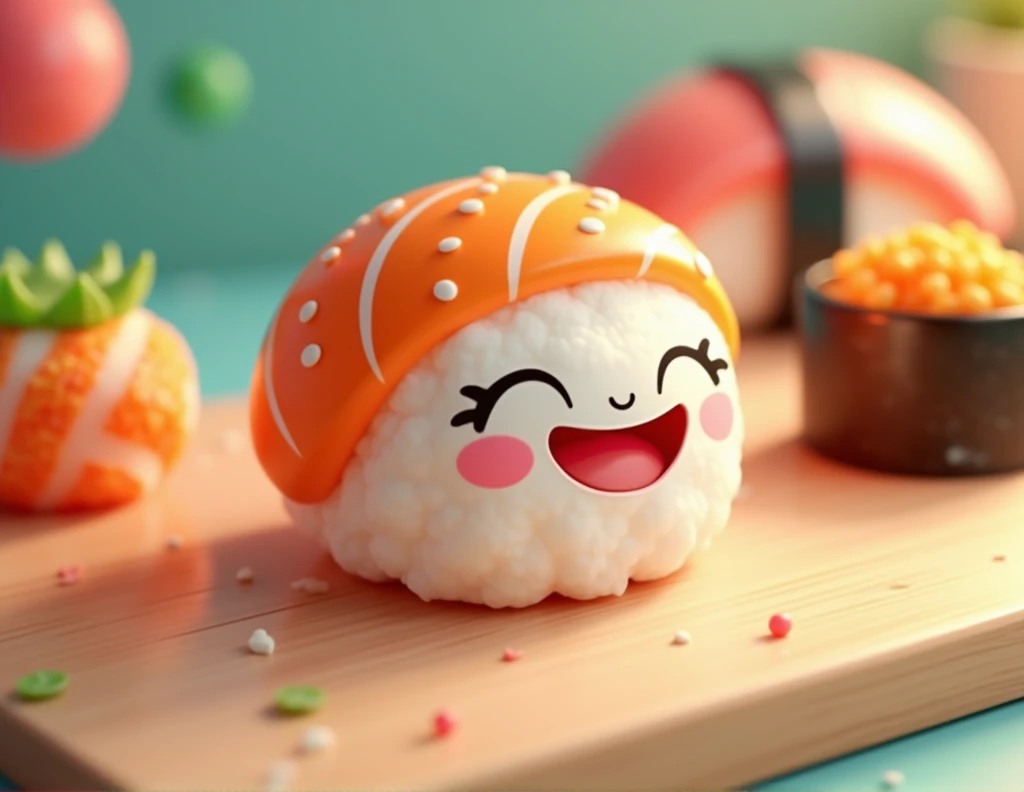 create a happy 3d cartoon sushi