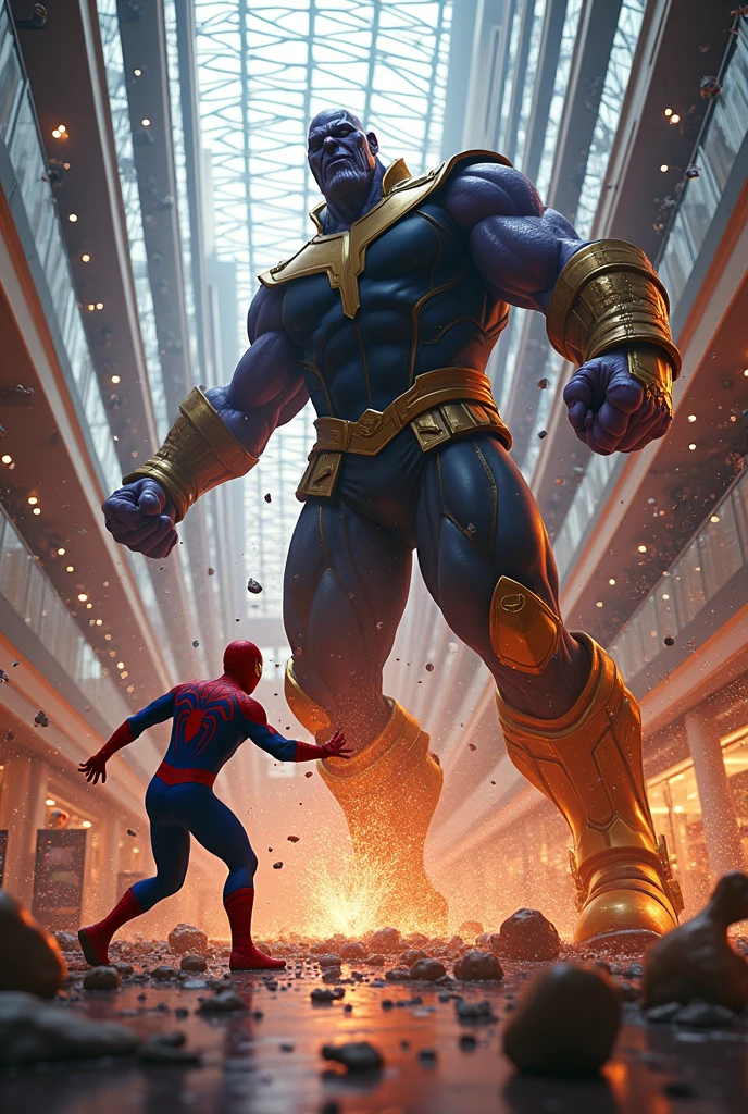 spideman and thanos fight in the mall