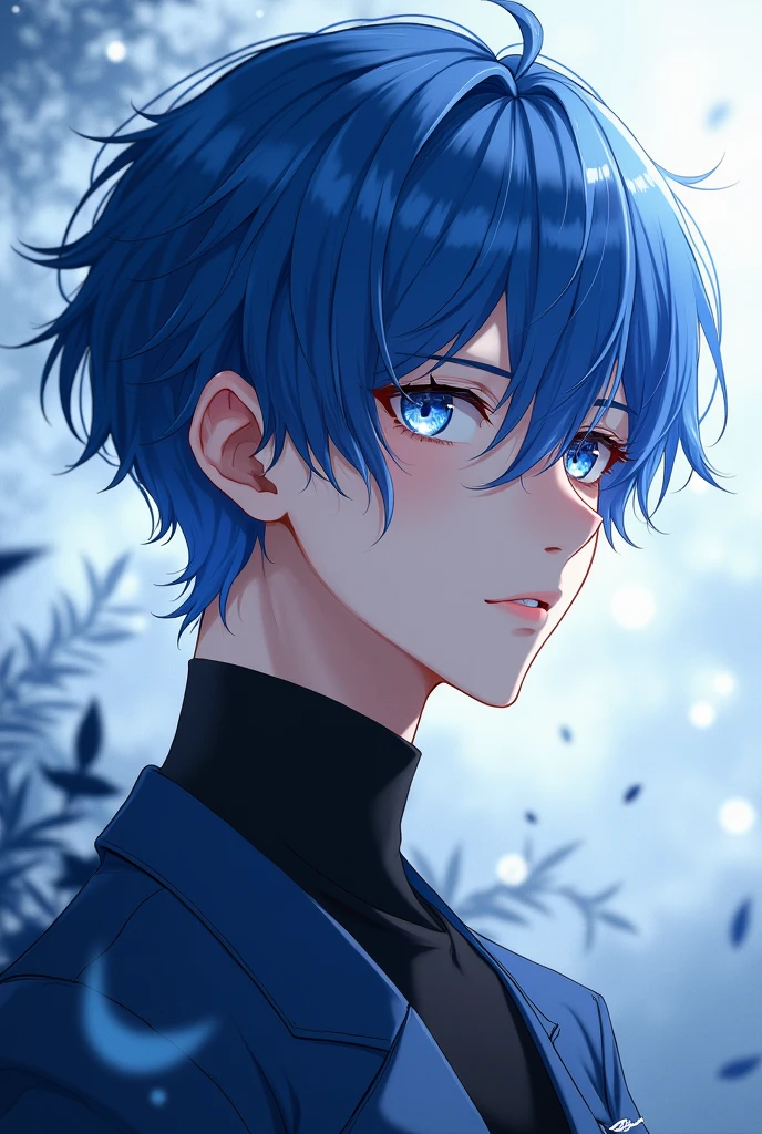 anime oc male hair blue, eyes silver 