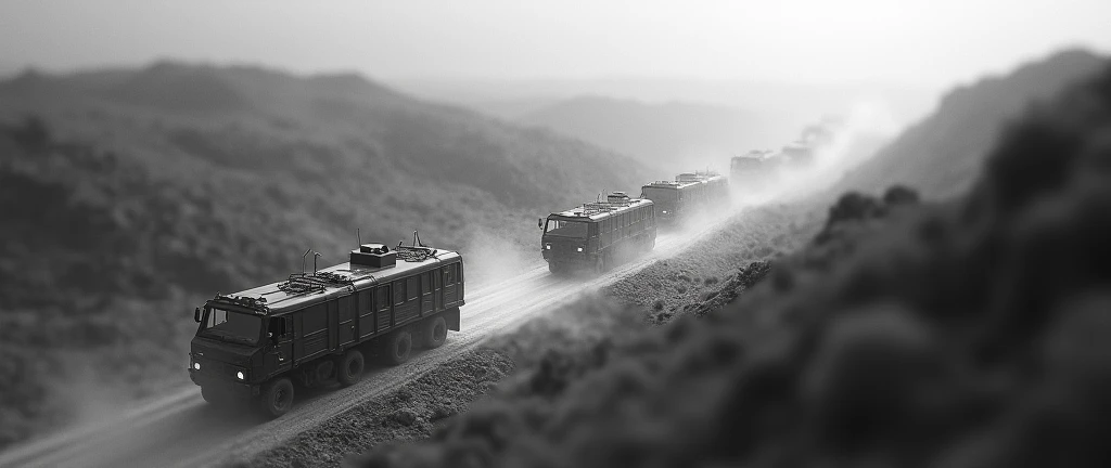 (infrared thermal imaging), (black and white), blurry, aerial view, ground transportation convoy, aerial photography, high altitude perspective, detailed environment, (masterpiece:1.2), (best quality:1.2), (4k:1.2), (depth of field:1.2).