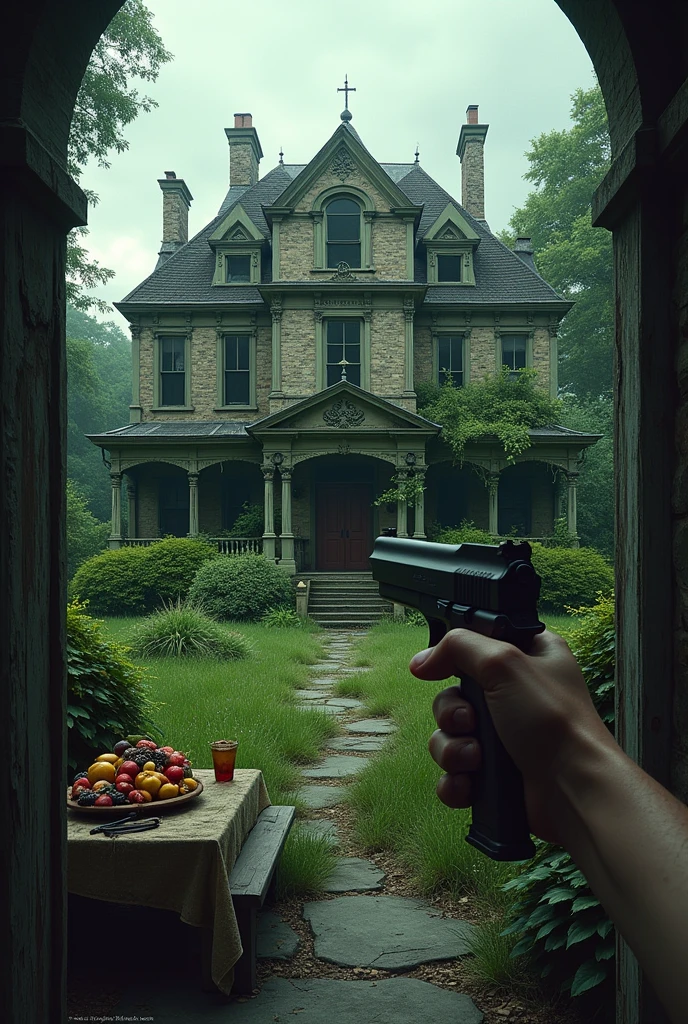 outside an abandoned mansion, first person perspective with a pistol, garden with vineyards on the floor you will find a fruit banquet in the garden