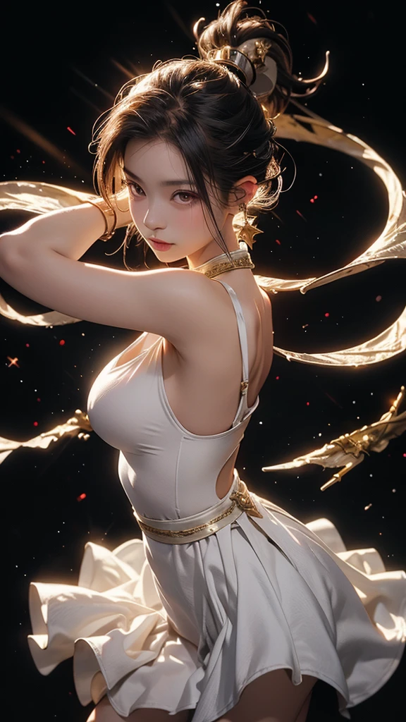 Shining Star Oriental Dragon Girl,Single ponytail,Dragon Horn,Big breasts,thin waist,white skin,Perfect proportion,Wearing a dance dress,8k,The focus of the audience,Lighting effects,Super details,