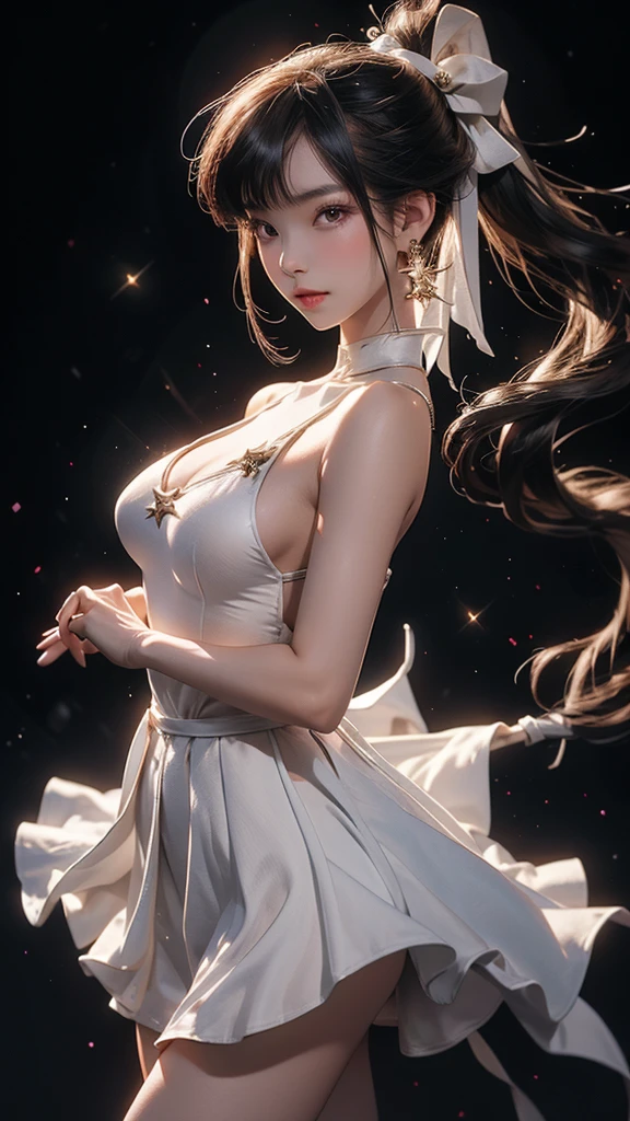 Shining Star Oriental Dragon Girl,Single ponytail,Dragon Horn,Big breasts,thin waist,white skin,Perfect proportion,Wearing a dance dress,8k,The focus of the audience,Lighting effects,Super details,