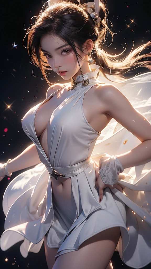 Shining Star Oriental Dragon Girl,Single ponytail,Dragon Horn,Big breasts,thin waist,white skin,Perfect proportion,Wearing a dance dress,8k,The focus of the audience,Lighting effects,Super details,